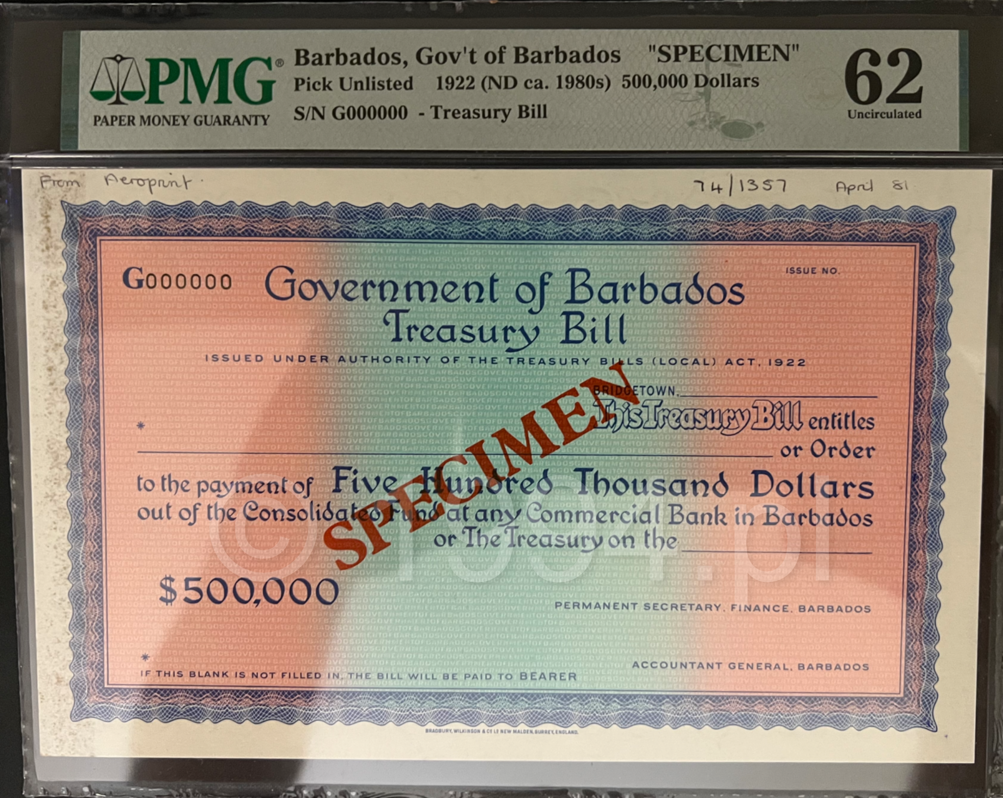 Barbados 1981 Government of Barbados 500,000 Dollars Treasury Bill specimen with red SPECIMEN overprint, prefix G000000, AeroPrint annotation dated April 1981, PMG 62 Uncirculated