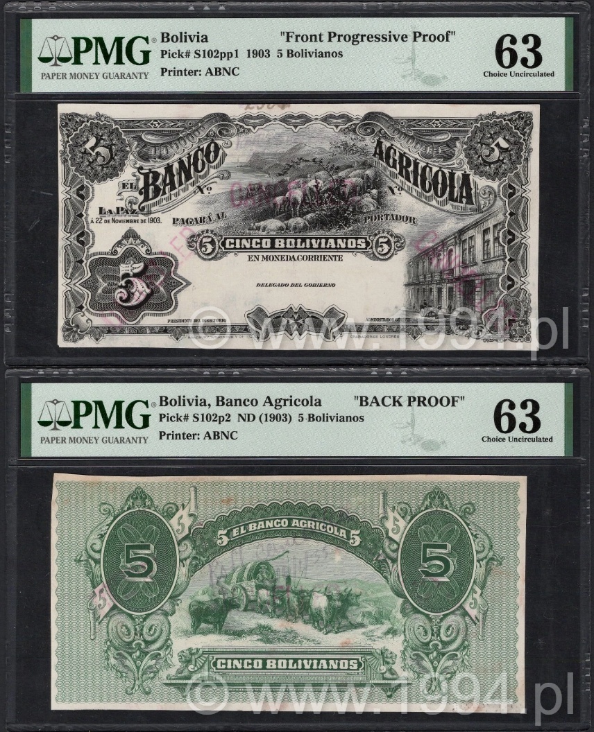 Bolivia 1903 Banco Agrícola 5 Bolivianos ABNC proof pair, PMG 63