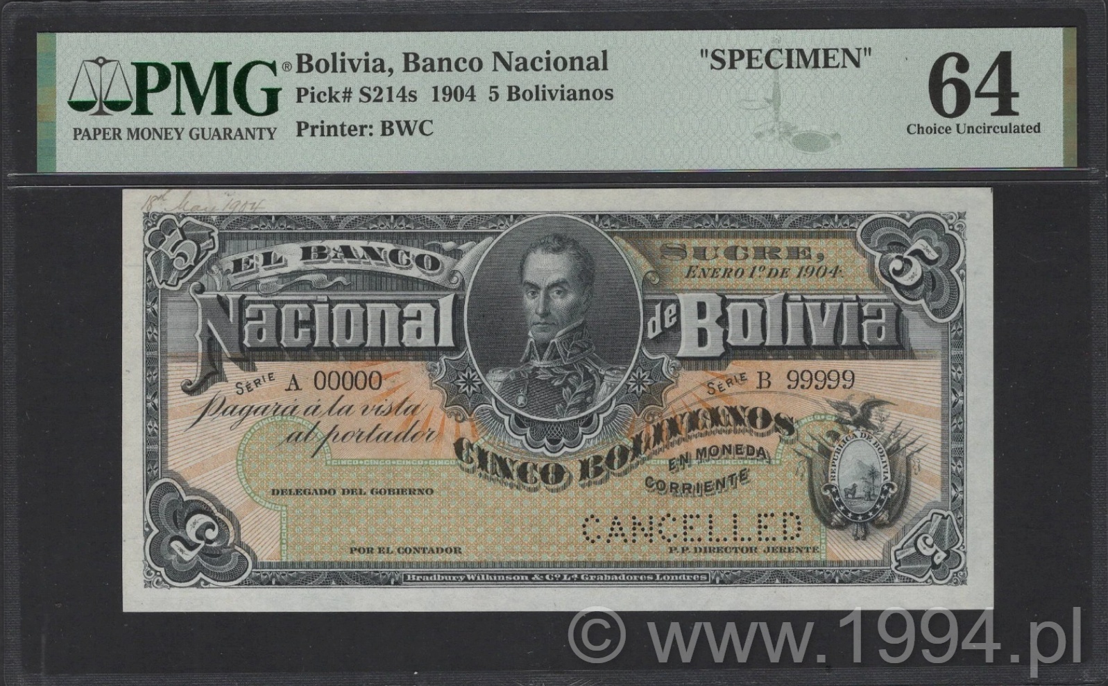 Bolivia 1904 Banco Nacional 5 Bolivianos specimen, PMG 64