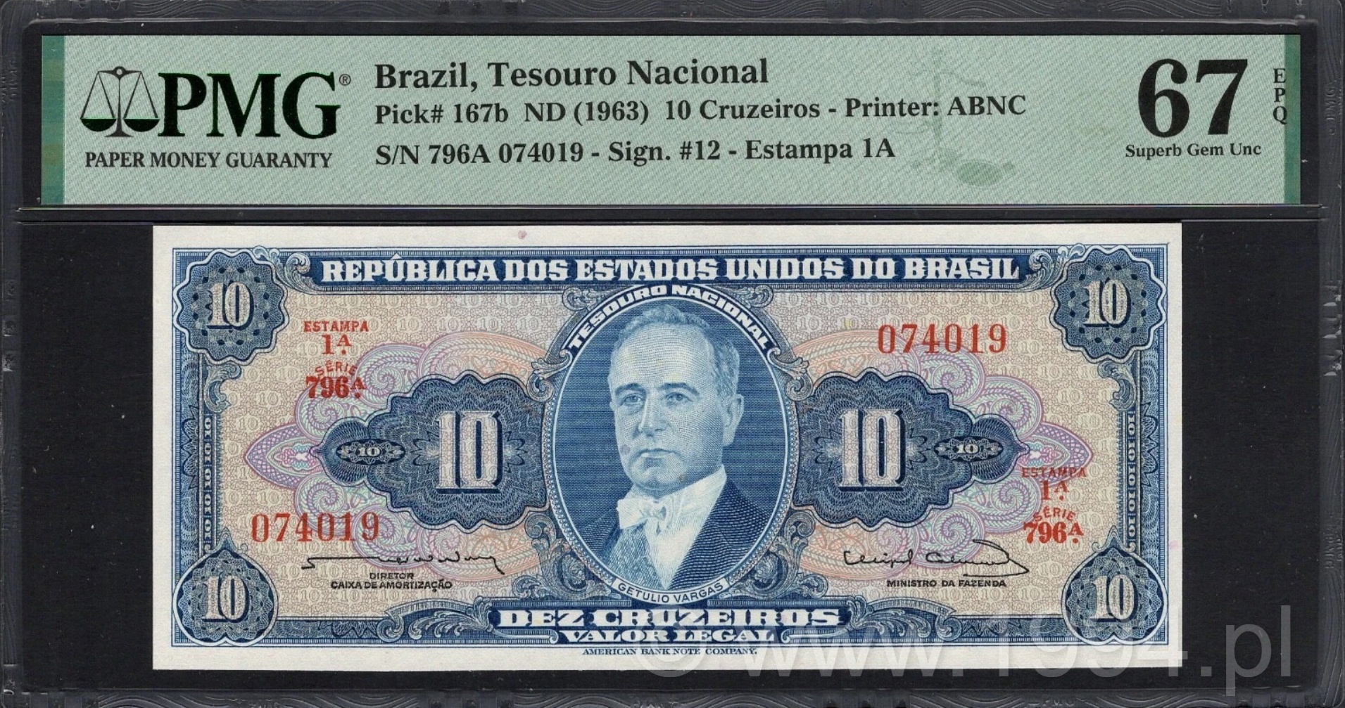Brazil 1963 Tesouro Nacional 10 Cruzeiros, Pick 167b, PMG 67 EPQ Superb Gem Uncirculated