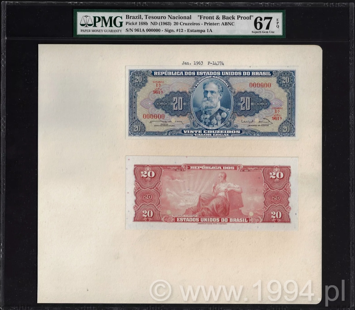 Brazil 1963 20 Cruzeiros front and back proof, PMG 67 Superb Gem Unc