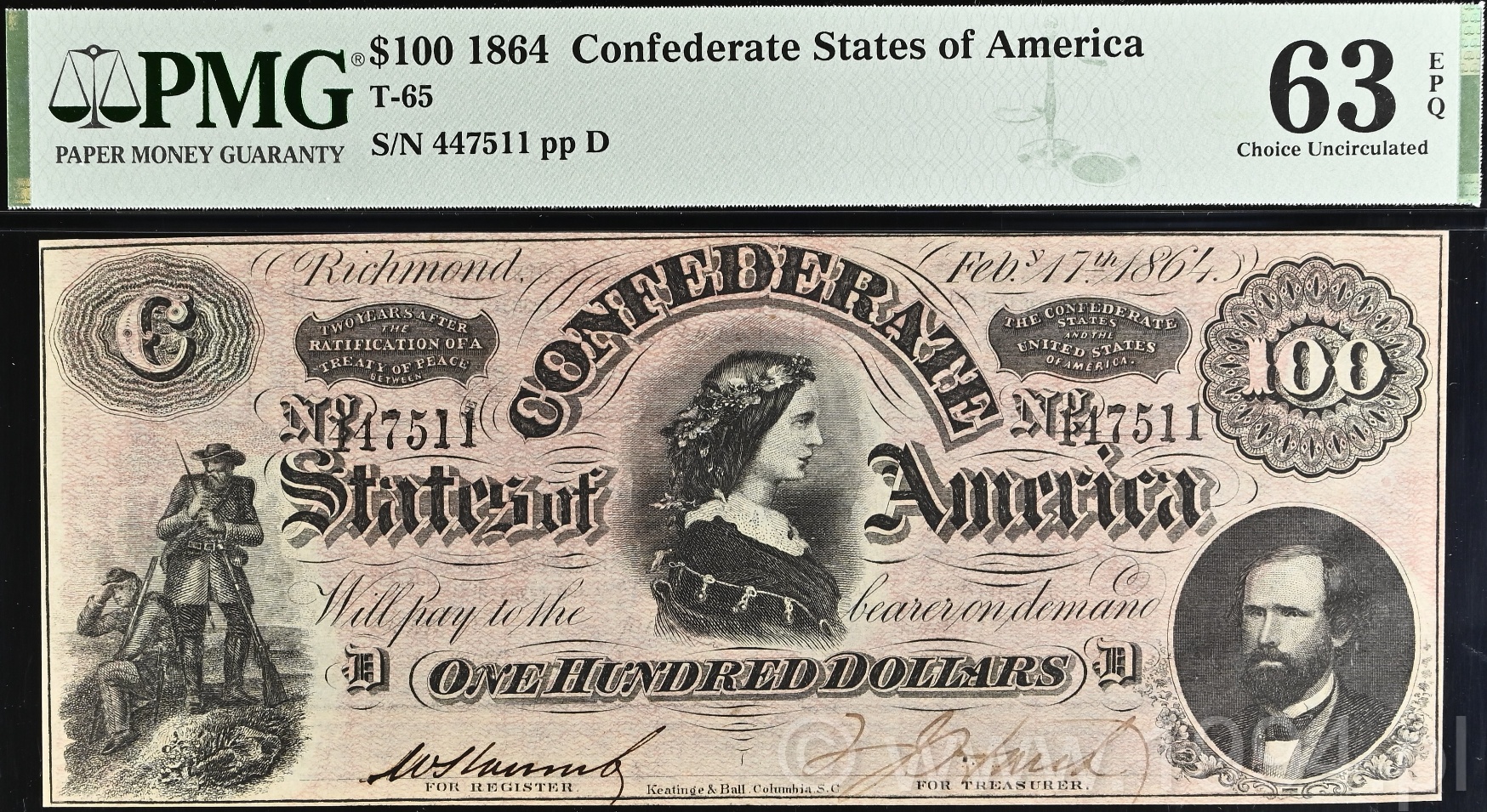 Confederate States of America 1864 100 Dollars T65 CR121 Pink Underprint Richmond PMG 63 EPQ Choice Uncirculated