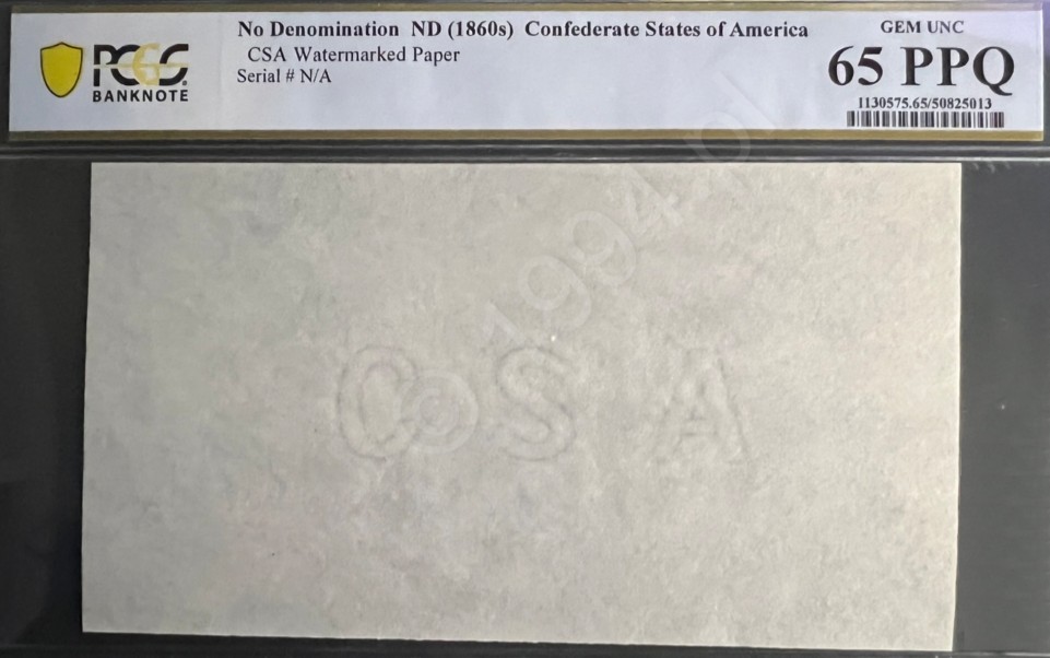 Confederate States of America 1864 — CSA No Denomination Archival Watermarked Paper