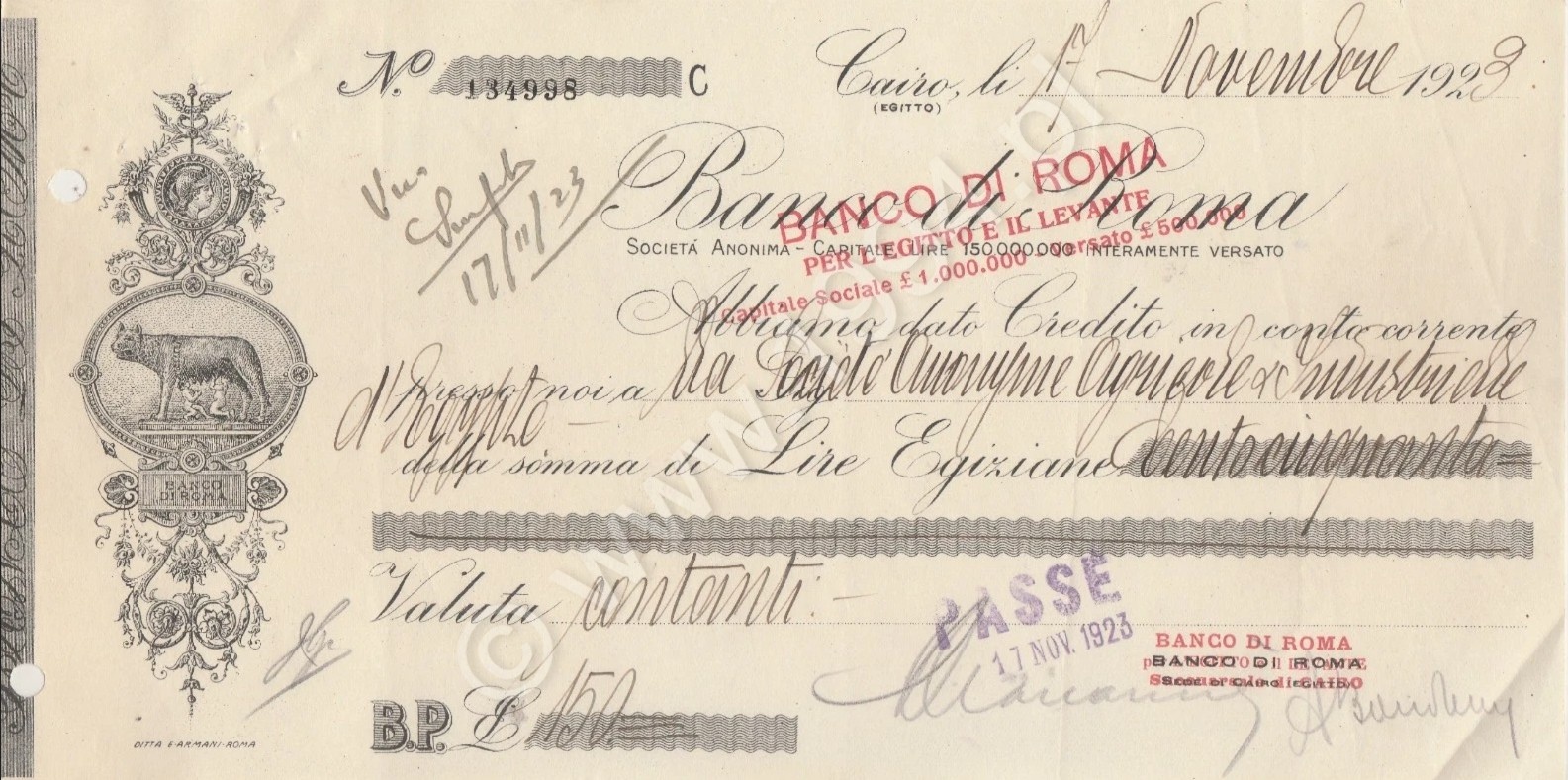 1923 Banco di Roma Cairo issued cheque with Capitoline Wolf emblem and engraved Roman header
