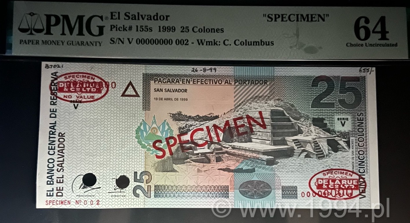 El Salvador 1999 25 Colones specimen Pick 155s by De La Rue with red SPECIMEN overprint PMG 64 Choice Uncirculated