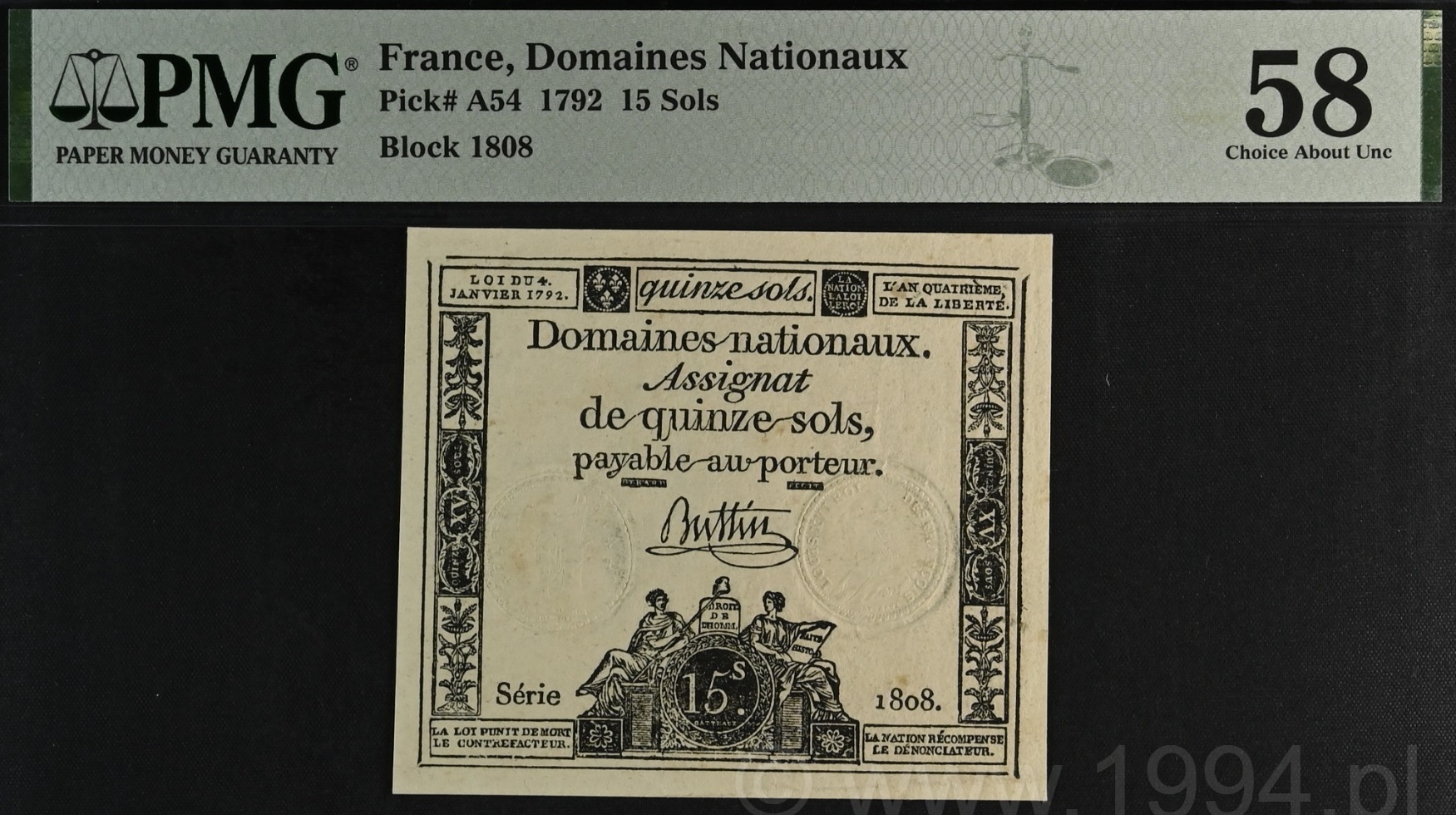 France 1792 Domaines Nationaux Assignat 15 Sols Pick A54 Série 1808 PMG 58 Choice About Uncirculated