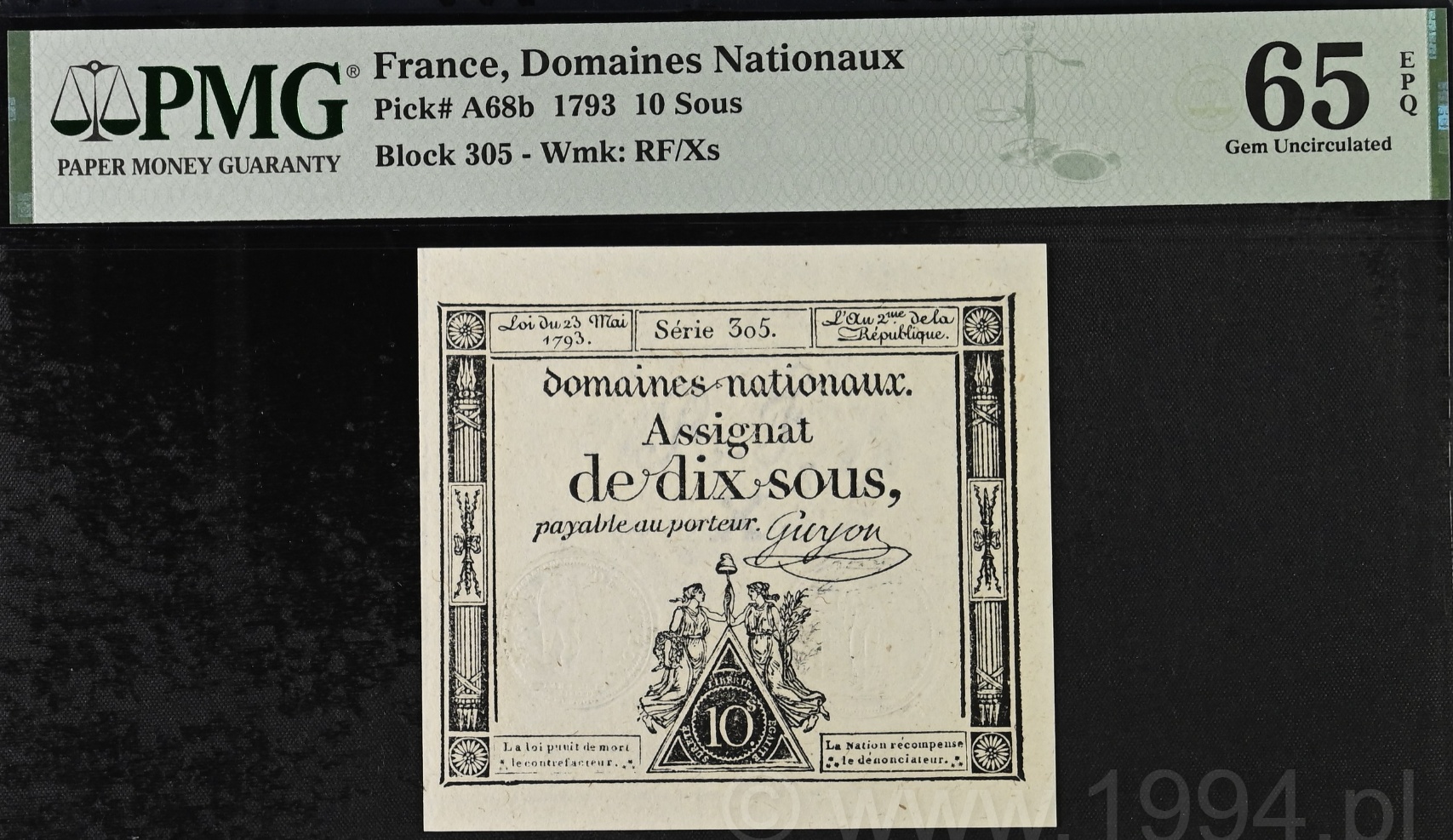 France 1793 Domaines Nationaux Assignat 10 Sous Pick A68b Block 305 Watermark RF/Xs PMG 65 EPQ Gem Uncirculated