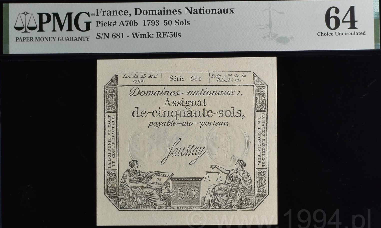 France 1793 Domaines Nationaux Assignat 50 Sols Pick A70b Série 681 Watermark RF/50s PMG 64 Choice Uncirculated