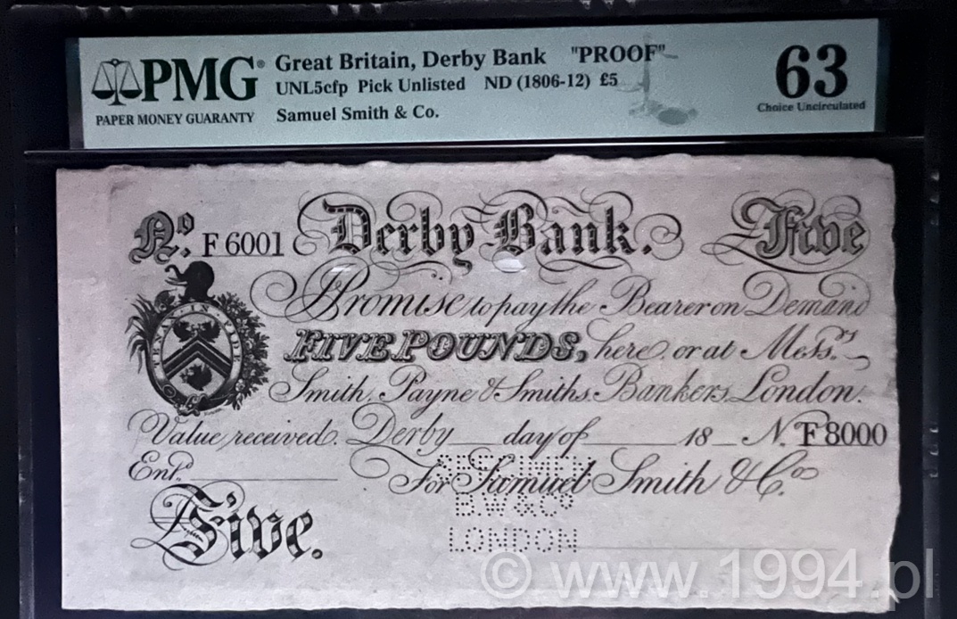 Derby Bank £5 private bank proof, c.1806–1812, PMG 63 Choice Uncirculated