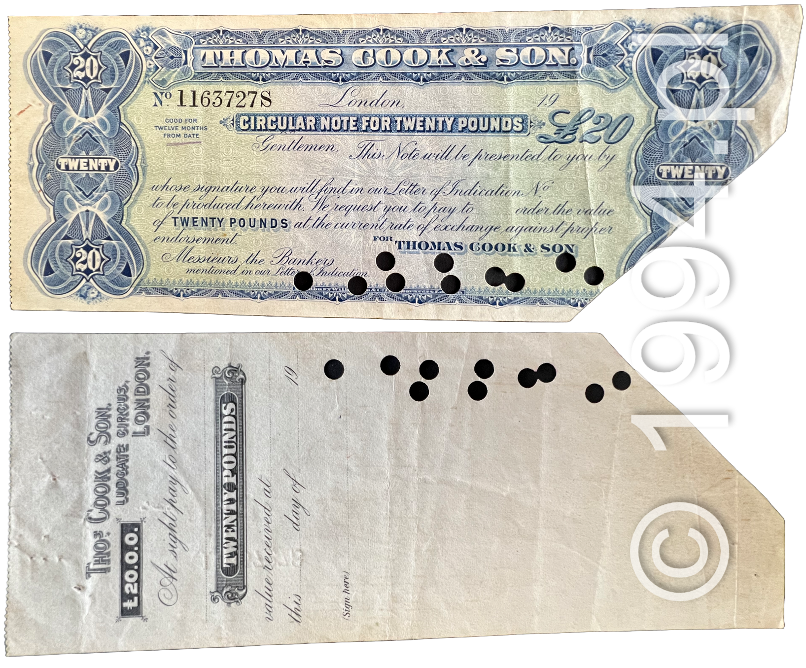 Great Britain c. 1900 - Thomas Cook and Son 20 Pounds Circular Note, Cancelled Unissued Note (Pick Unlisted)