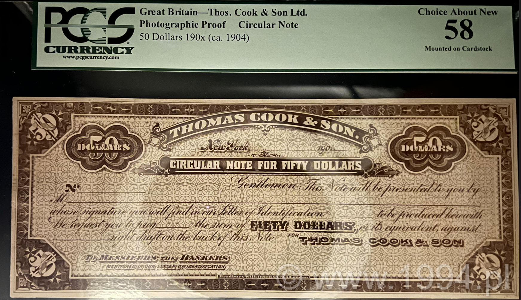 Thomas Cook & Son $50 Circular Note photographic proof, unsigned, PCGS 58 Choice About New