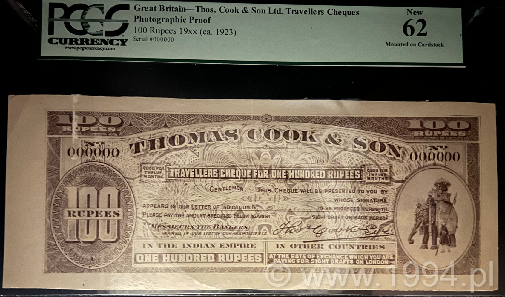 Thomas Cook & Son 100 Rupees Travellers Cheque photographic proof, unsigned, PCGS 55
