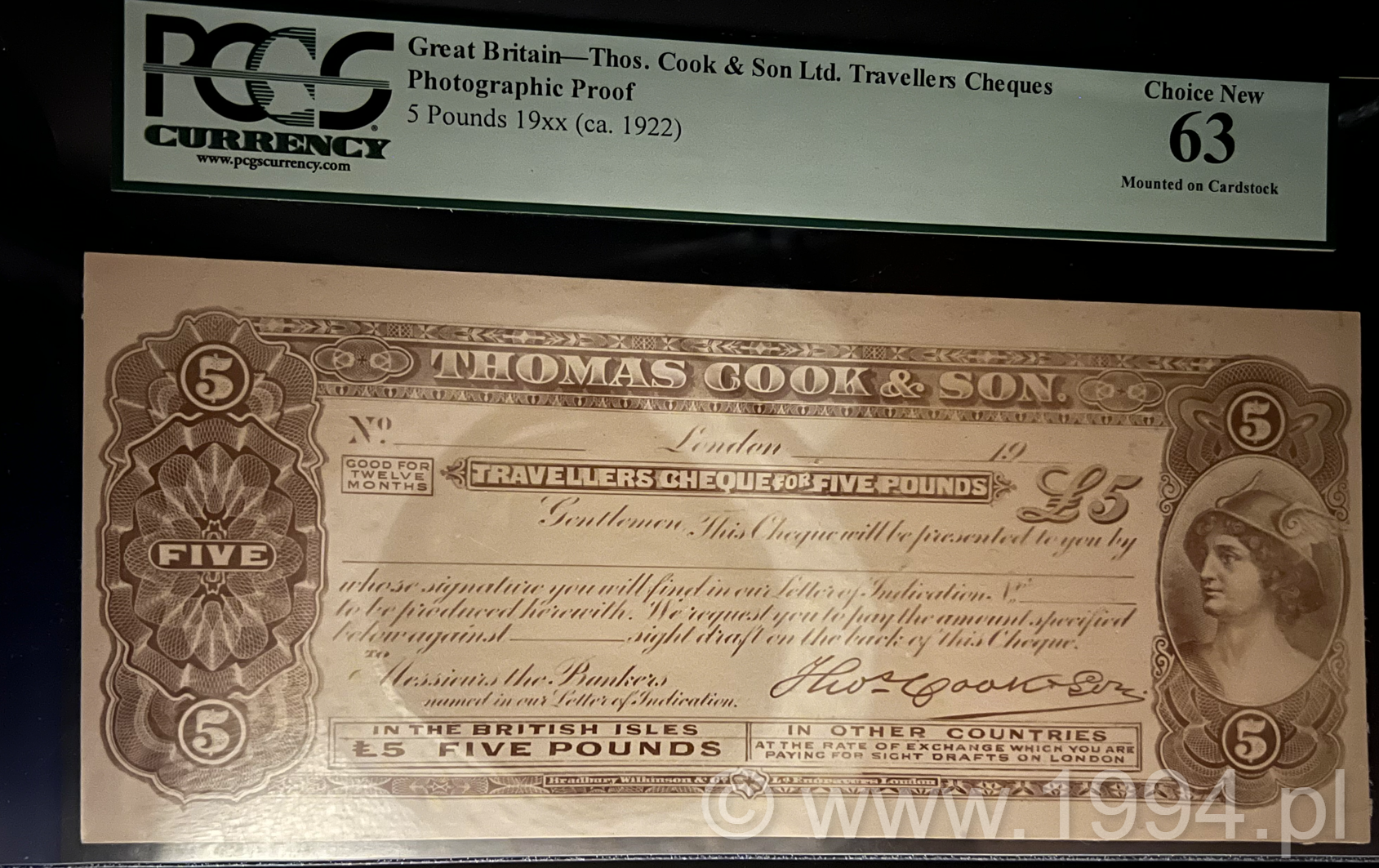 Thomas Cook £5 Travellers Cheque photographic proof, PCGS 63 Choice New