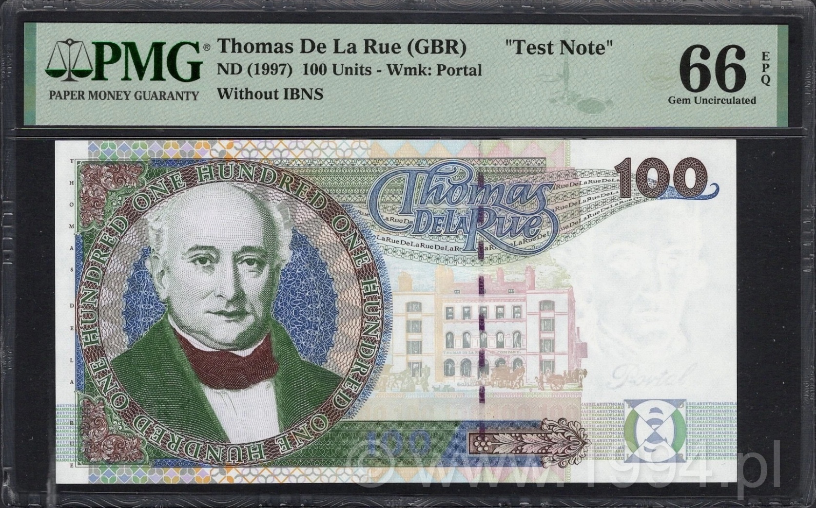 Great Britain 1997 Thomas De La Rue 100 Units Test Note, PMG 66 EPQ Gem Uncirculated