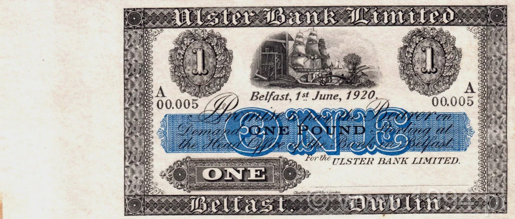 Ireland 1920 Ulster Bank Limited 1 Pound proof, Pick 388p and UB39, serial A 00,005, graded PMG 64 Choice Uncirculated, with blue central denomination panel, maritime vignette, Belfast and Dublin border, and Charles Skipper and East Limited London printer imprint