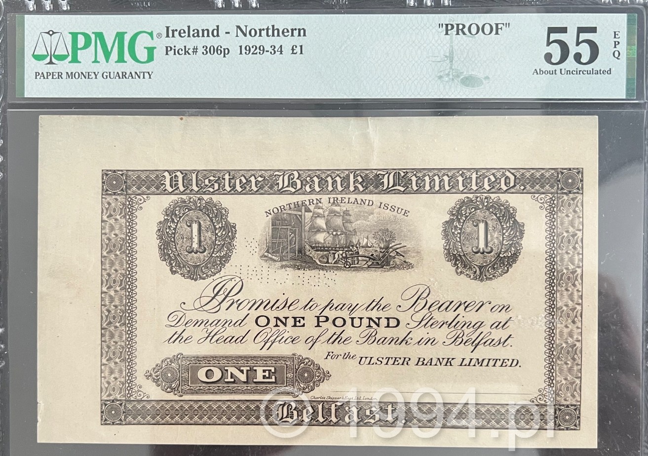 Ireland - Northern 1929 - Ulster Bank Limited 1 Pound Proof with Specimen Perforation (Pick 306p)
