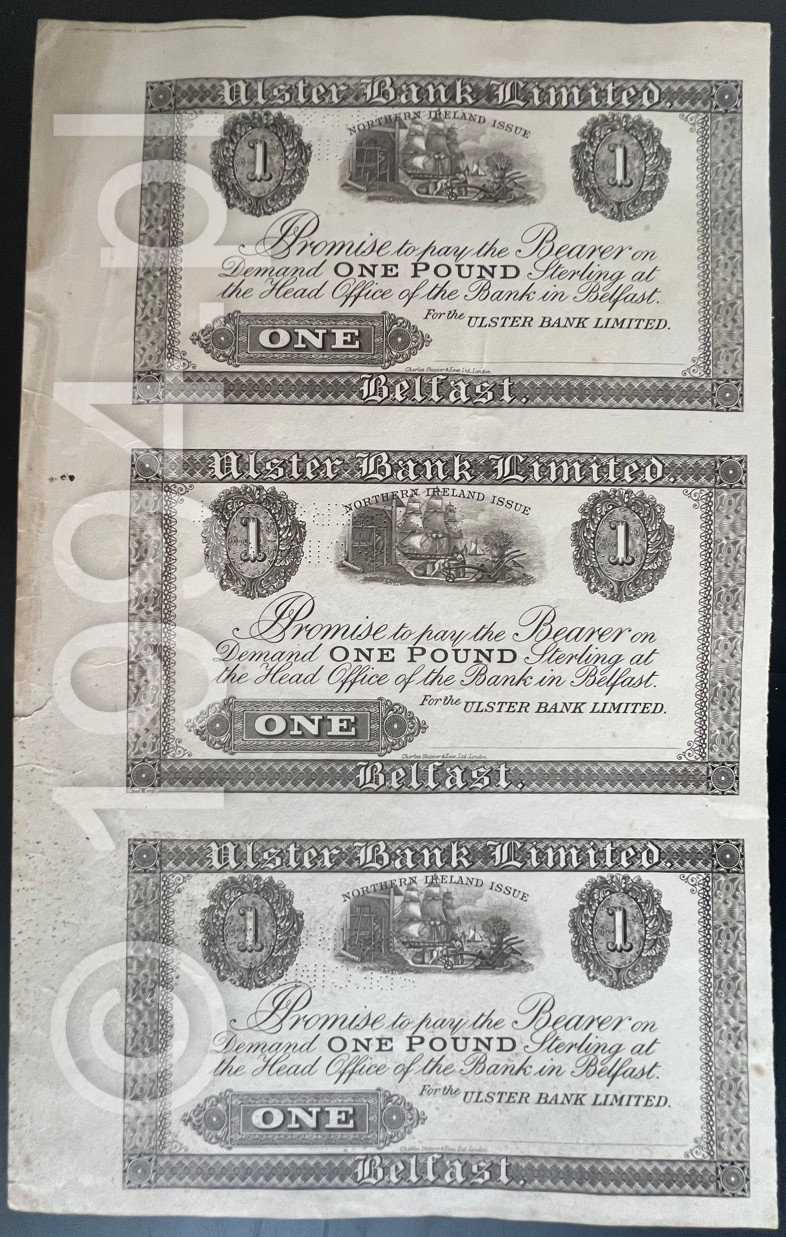 Ireland - Northern 1929 Ulster Bank Limited 1 Pound uncut sheet of 3 proofs with specimen perforation, Pick Unlisted, showing three proof impressions on Ulster Bank Limited watermarked security paper with Charles Skipper and East Limited London printing attribution