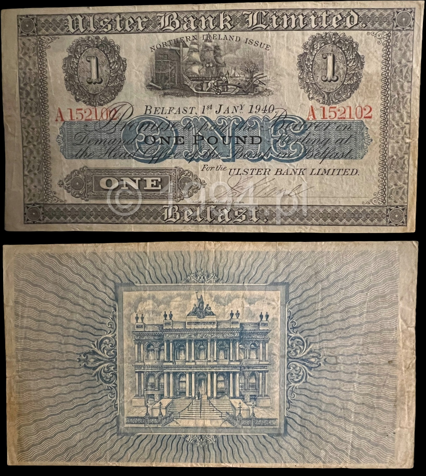 Ireland - Northern 1940 Ulster Bank Limited 1 Pound issued note, Pick 306, serial A152102, dated Belfast 1st January 1940, with blue ONE POUND panel, red serial numbers, maritime and industrial vignette, architectural reverse, and Ulster Bank Limited watermarked security paper