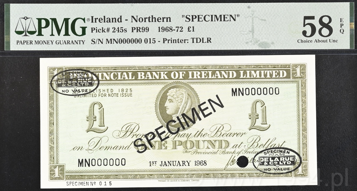 Ireland 1968–72 Provincial Bank of Ireland £1 Specimen, Pick 245s PR99, PMG 58 EPQ