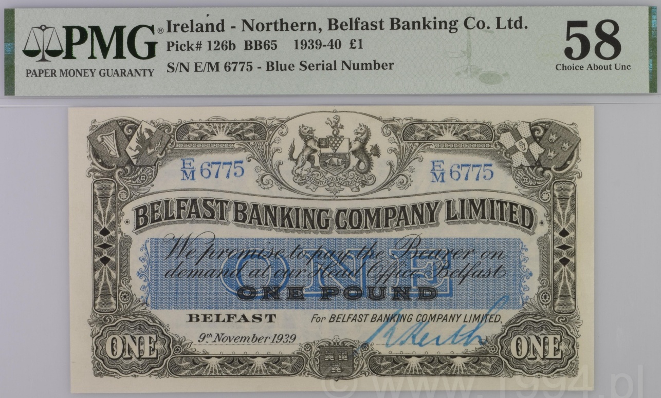 Ireland Northern 1939 Belfast Banking Company Limited £1 Pick 126b PMG 58 Choice About Uncirculated