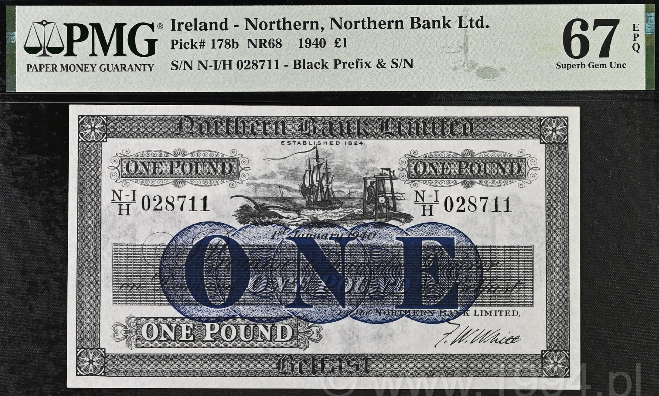 Ireland Northern 1940 Northern Bank Limited £1 Pick 178b PMG 67 EPQ Superb Gem Uncirculated