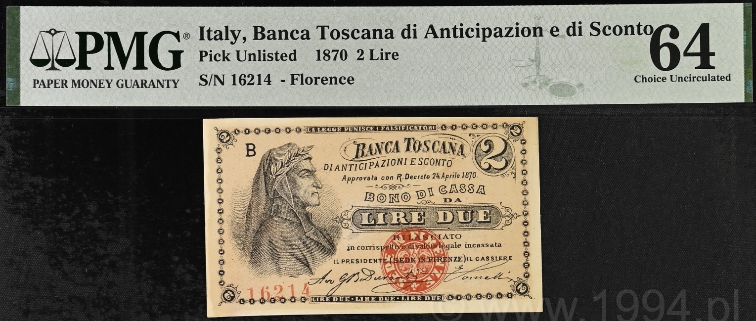 Italy 1870 Banca Toscana di Anticipazioni e di Sconto 2 Lire Pick Unlisted PMG 64 Choice Uncirculated