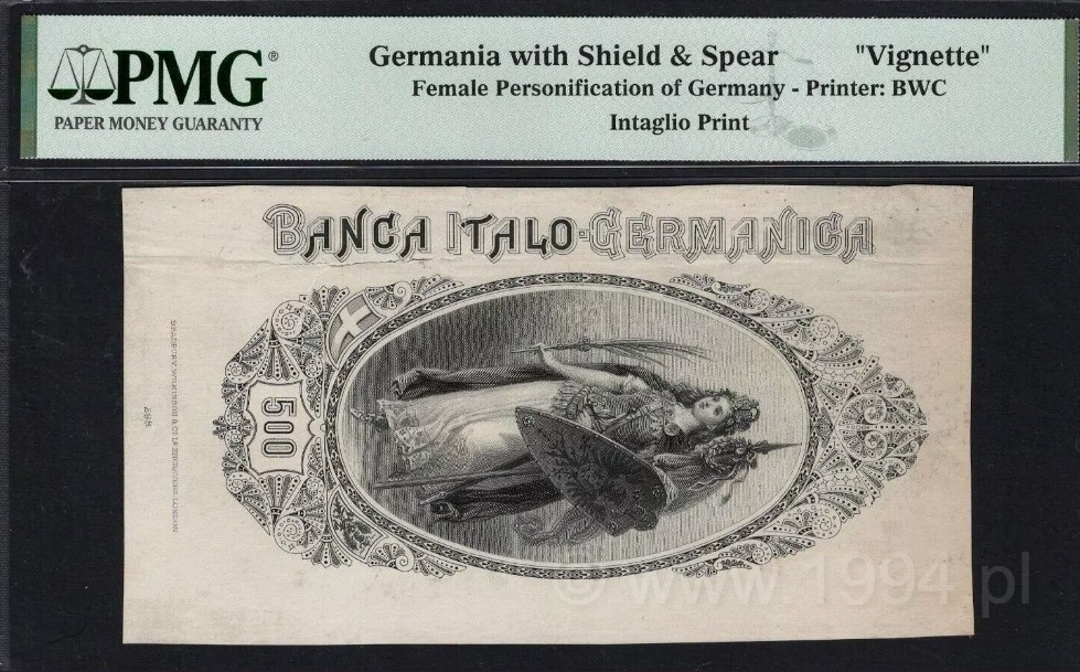 Italy 1871 — Germania with Shield and Spear, Vignette Die Proof (Used for 500 Lire, PS977)