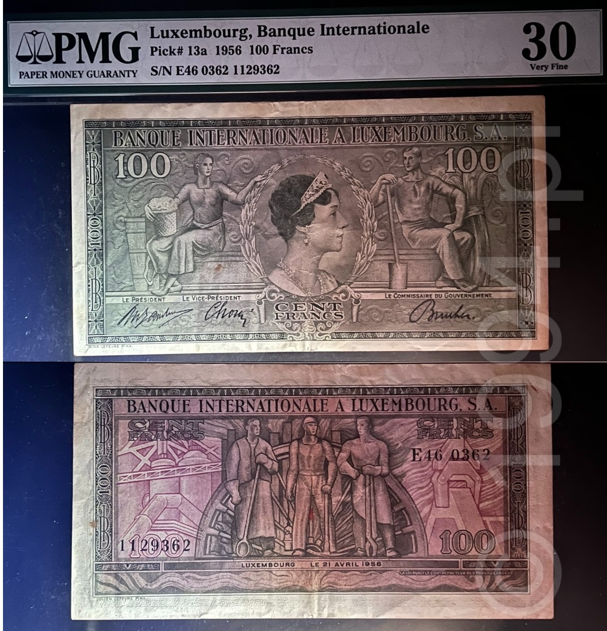 Banque Internationale à Luxembourg 1956 — 100 Francs Issued Note (Pick 13a)