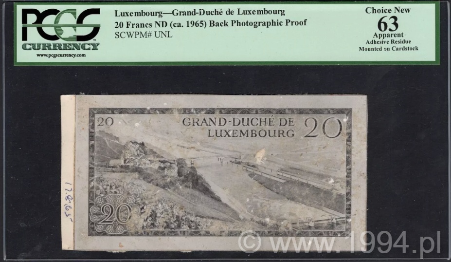 Luxembourg August 1965 20 Francs back photographic proof showing transitional reverse design with river valley and early refinement of final composition, mounted on cardstock