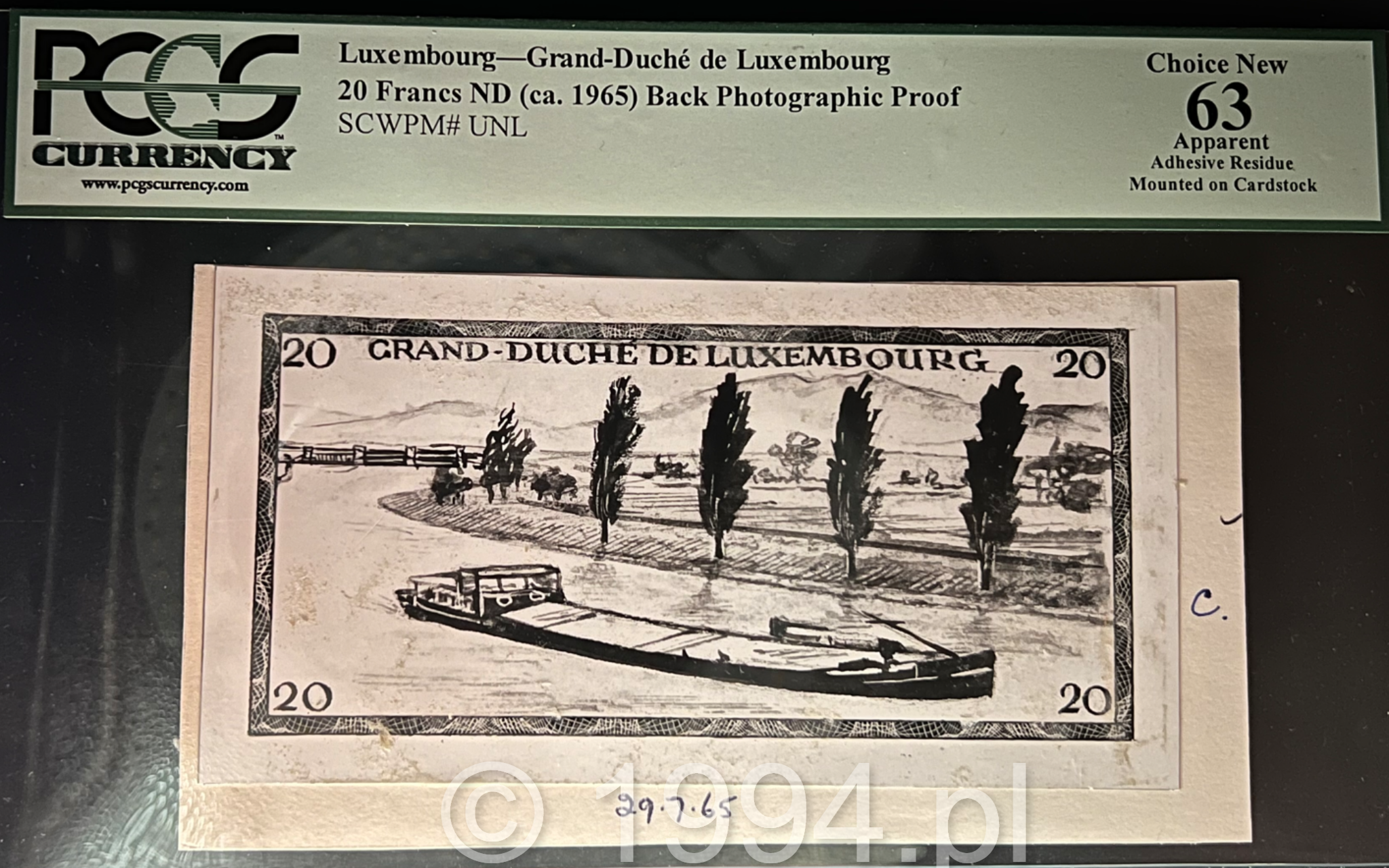 Luxembourg 29 July 1965 20 Francs back photographic proof showing early abandoned reverse design with river boat and tree-lined bank, mounted on cardstock