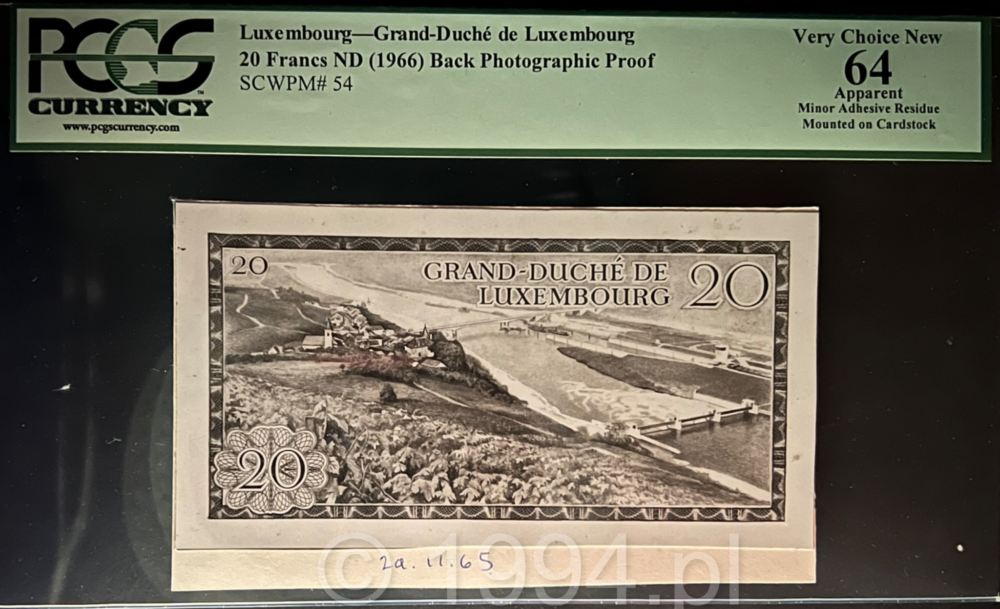 Luxembourg 24 November 1965 20 Francs back photographic proof showing finalized Pick 54 reverse design with river valley and water control structures, mounted on cardstock