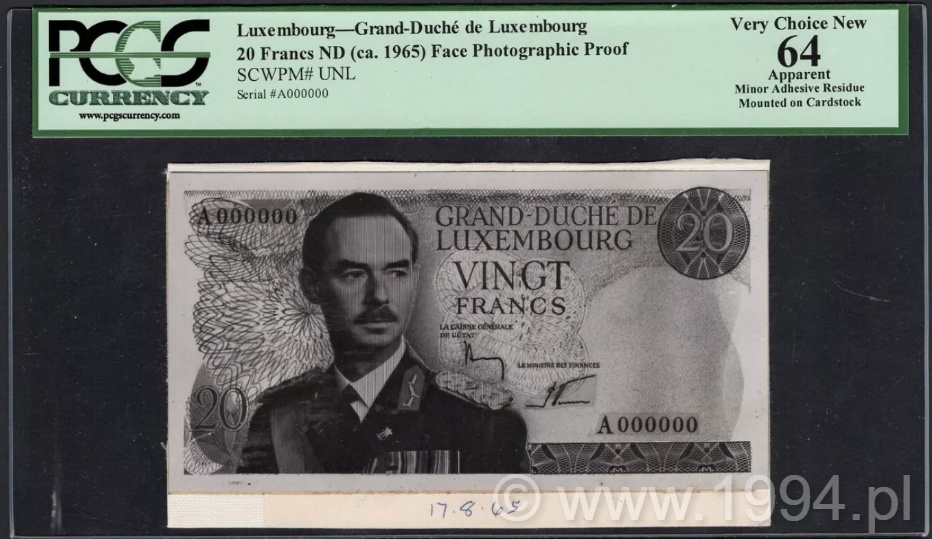 Luxembourg August 1965 20 Francs face photographic proof serial A000000 showing transitional design with oversized portrait and developing layout, mounted on cardstock