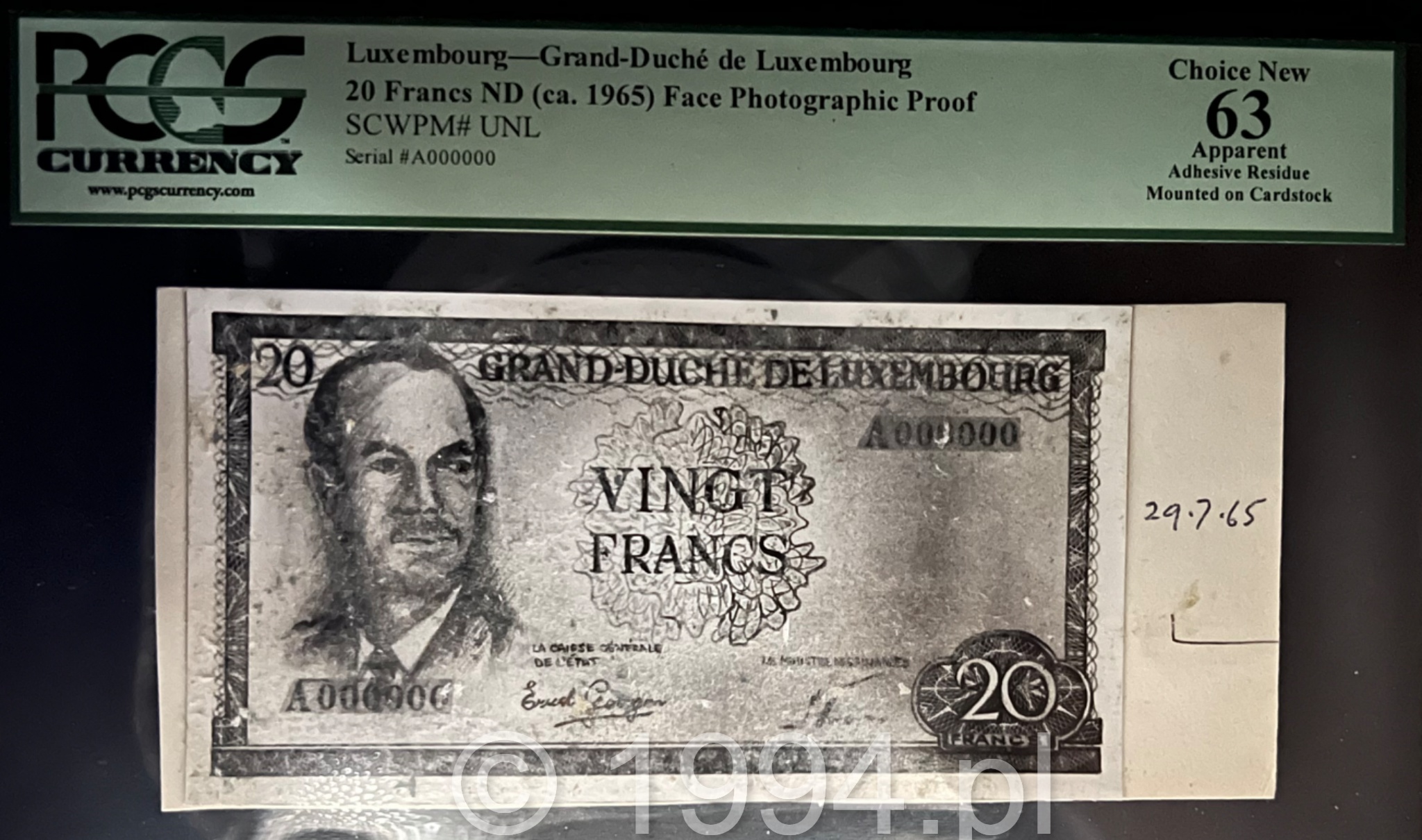 Luxembourg 29 July 1965 20 Francs face photographic proof serial A000000 showing early abandoned design concept with softer portrait and unrefined layout, mounted on cardstock