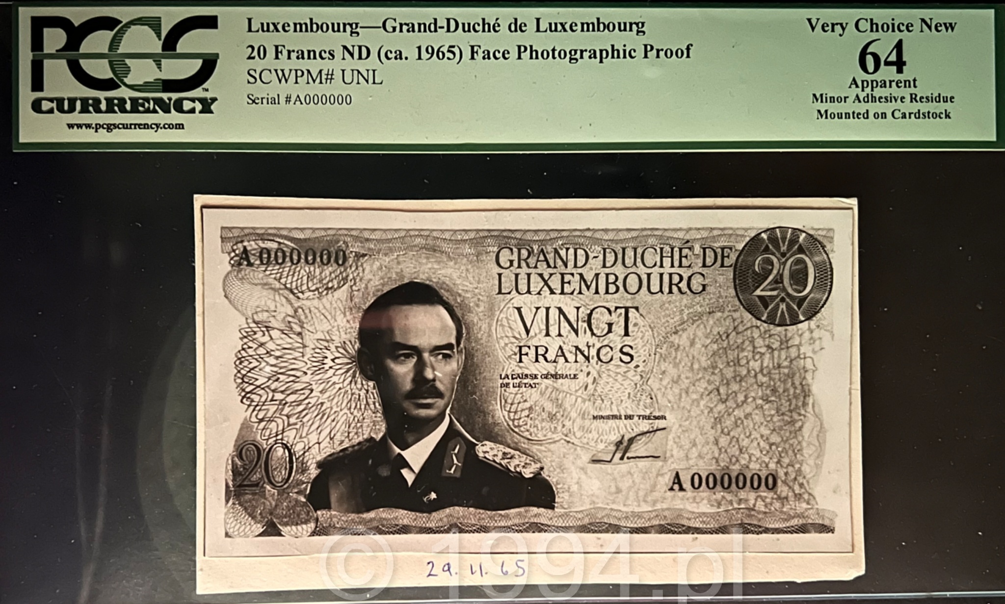 Luxembourg 24 November 1965 20 Francs face photographic proof serial A000000 showing finalized layout with correct proportions prior to final signature configuration, mounted on cardstock