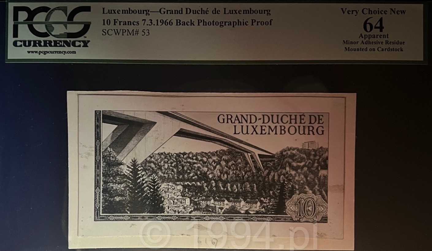 Luxembourg 10 Francs back photographic proof dated July 3 1966 with architectural bridge and urban landscape vignette and handwritten annotation 6-1-67 in lower margin, mounted on cardstock