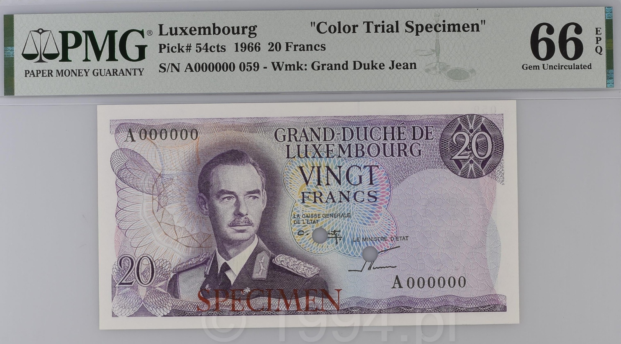 Luxembourg 1966 20 Francs color trial specimen Pick 54cts with SPECIMEN overprint and punch holes PMG 66 EPQ Gem Uncirculated
