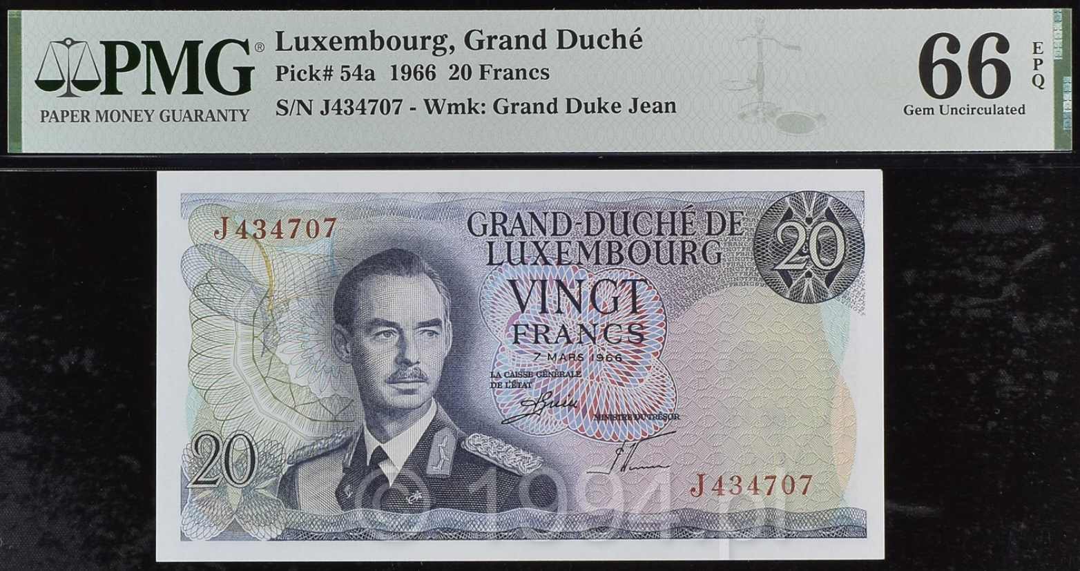 Luxembourg 1966 20 Francs issued note Pick 54a Grand Duke Jean PMG 66 EPQ Gem Uncirculated