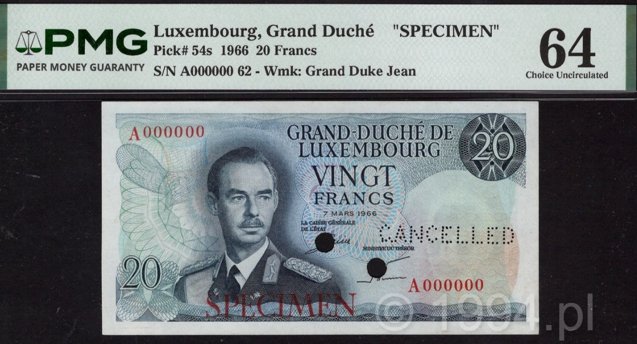 Luxembourg 1966 - 20 Francs Perforated CANCELLED Specimen No. 62 (Pick 54s)