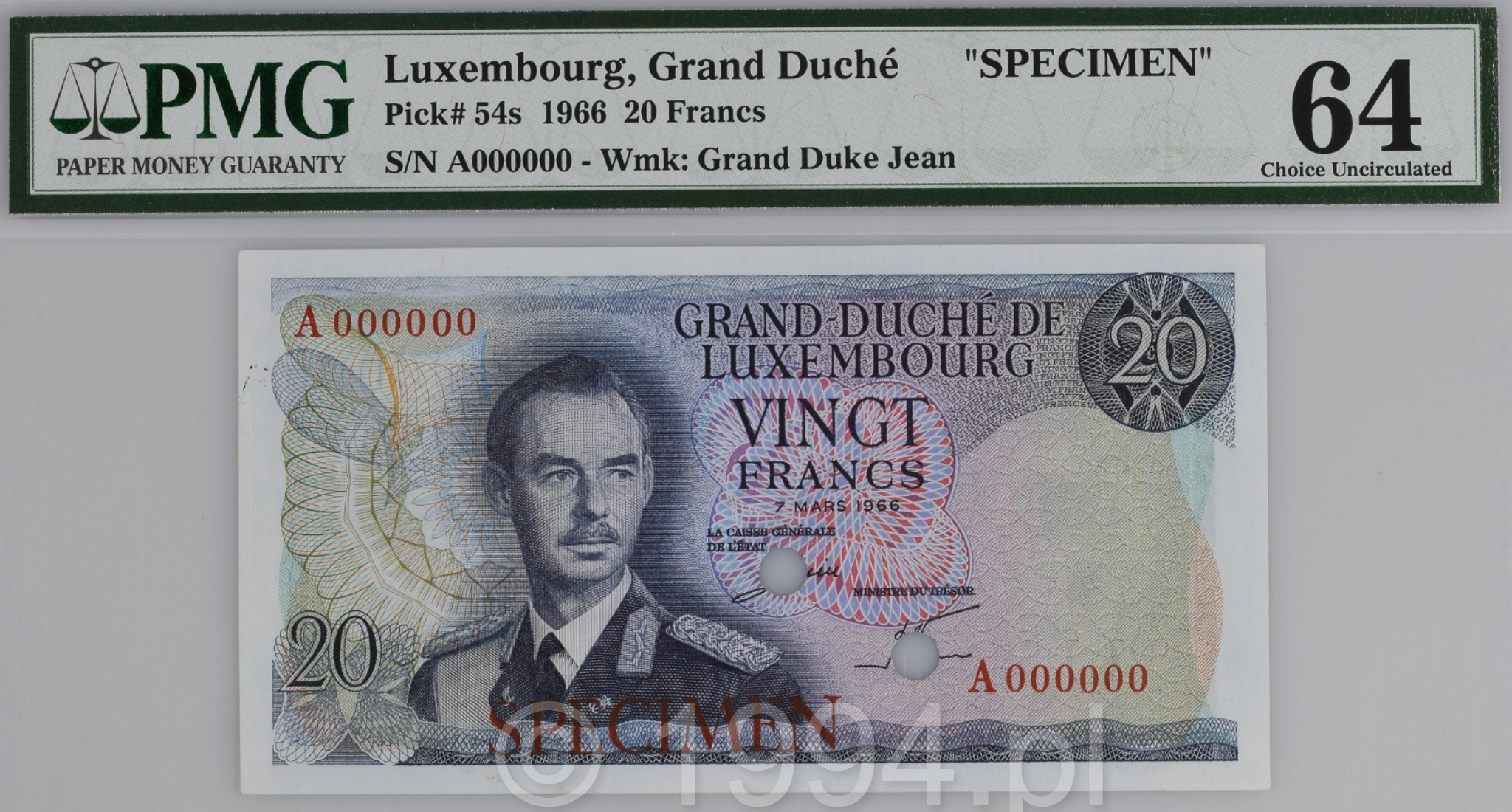 Luxembourg 1966 20 Francs specimen Pick 54s with horizontal SPECIMEN overprint and two punch holes PMG 64 Choice Uncirculated