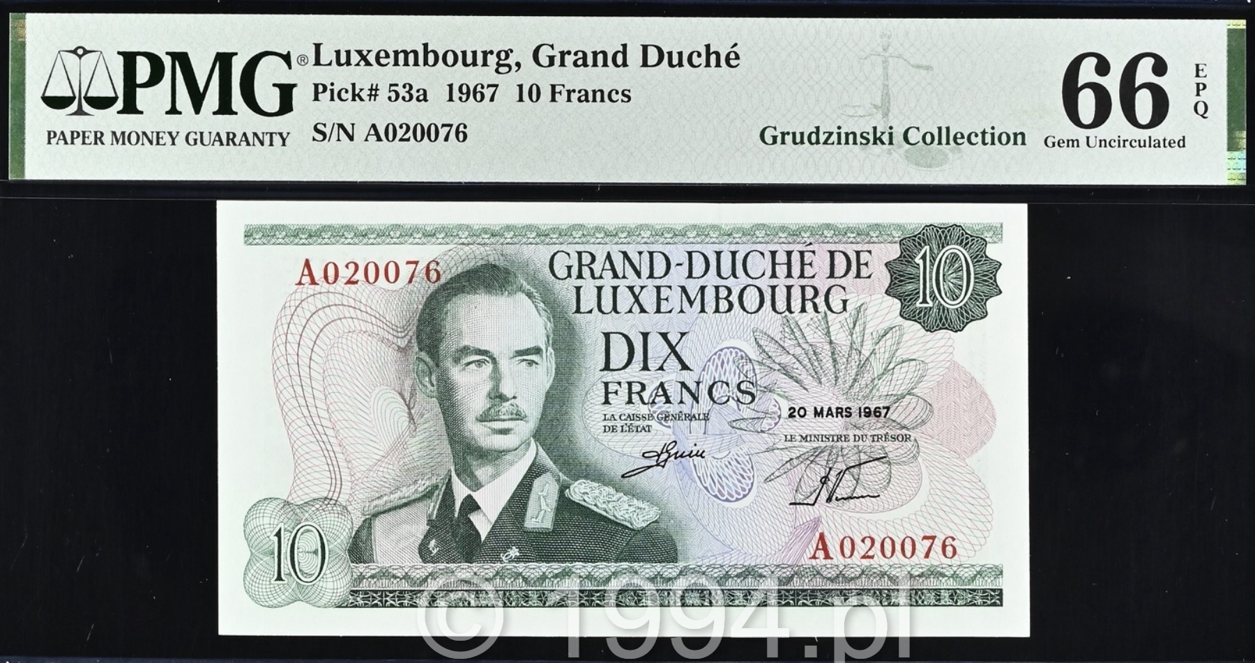 Luxembourg 1967 10 Francs issued banknote with serial A020076, Pick 53a, PMG 66 Exceptional Paper Quality Gem Uncirculated