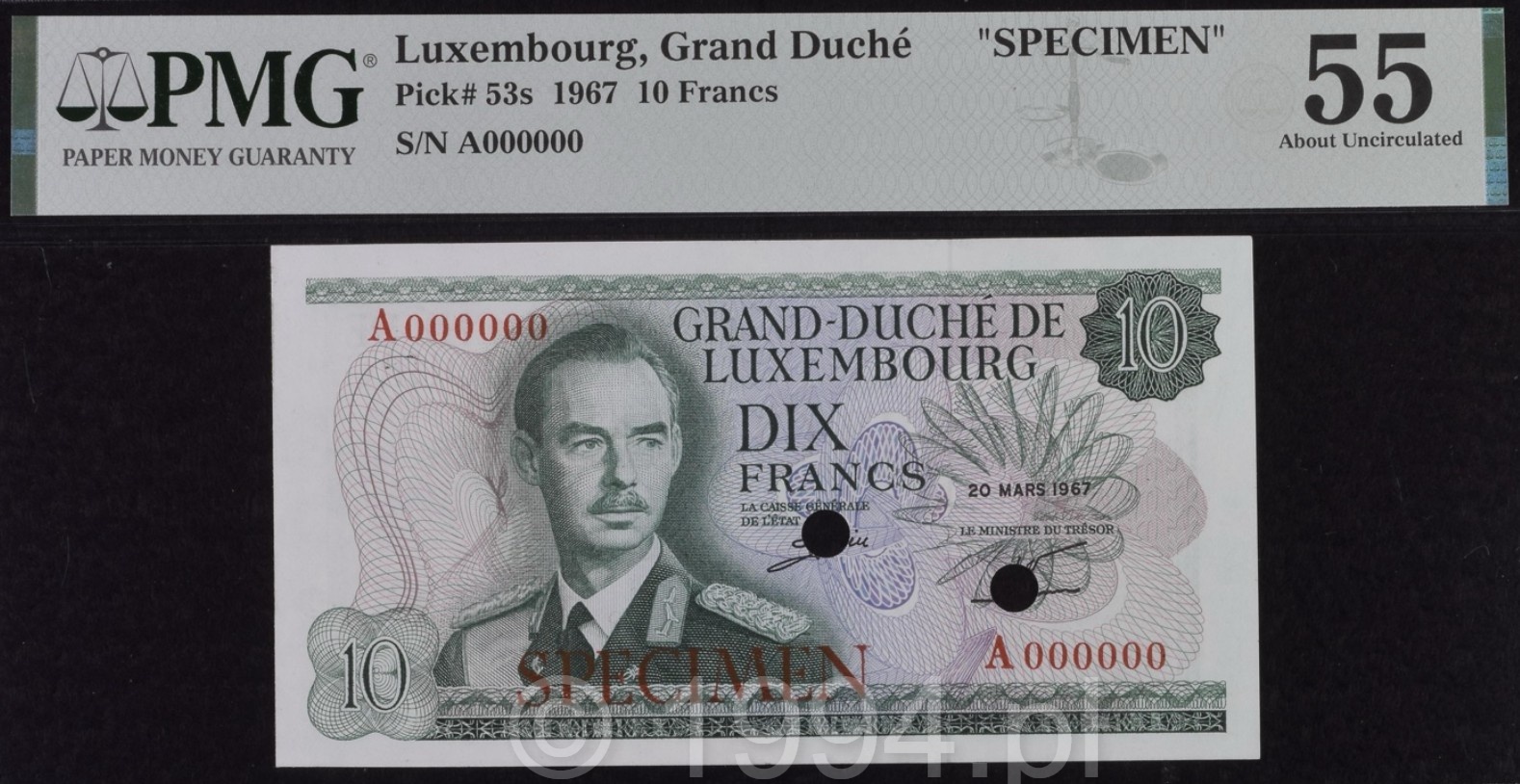 Luxembourg 1967 10 Francs specimen with red SPECIMEN overprint, serial A000000 and two punch holes, Pick 53s, PMG 55 About Uncirculated