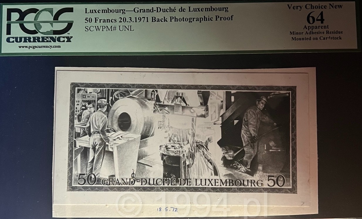 Luxembourg March 20 1971 — 50 Francs Signature A, Back Photographic Proof(Pick Unlisted)