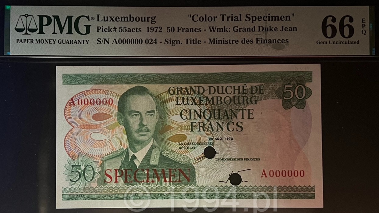 Luxembourg 1972 — 50 Francs Signature A Color Trial Specimen (Pick 55cts)