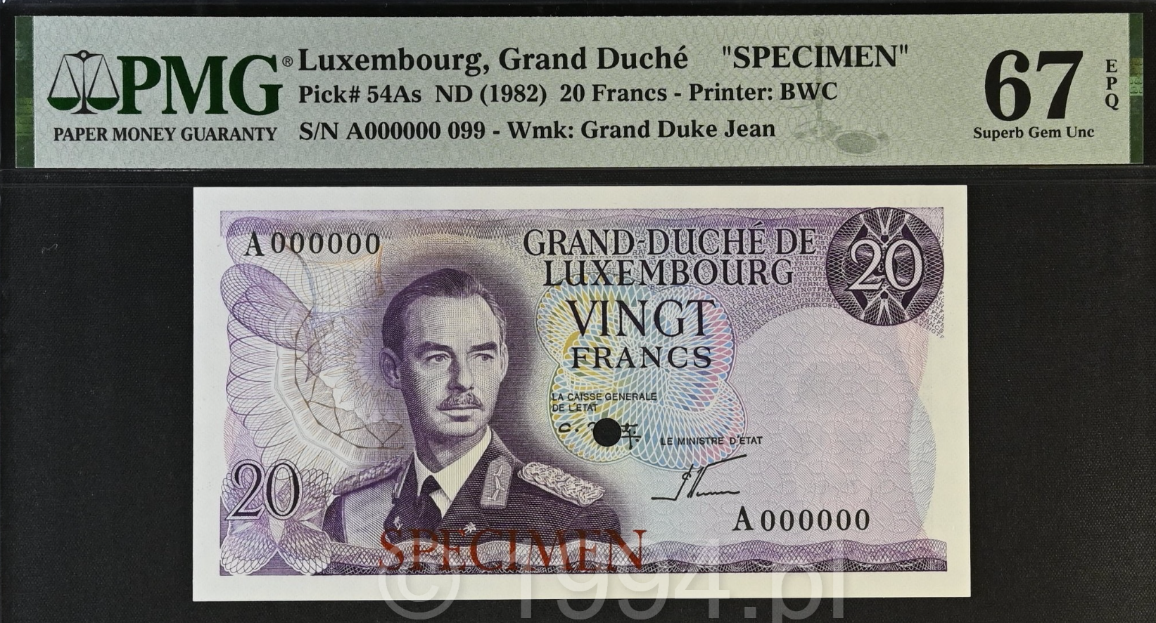 Luxembourg 1982 20 Francs specimen Pick 54As with multicolor design, horizontal SPECIMEN overprint and single punch hole, PMG 67 EPQ Superb Gem Uncirculated