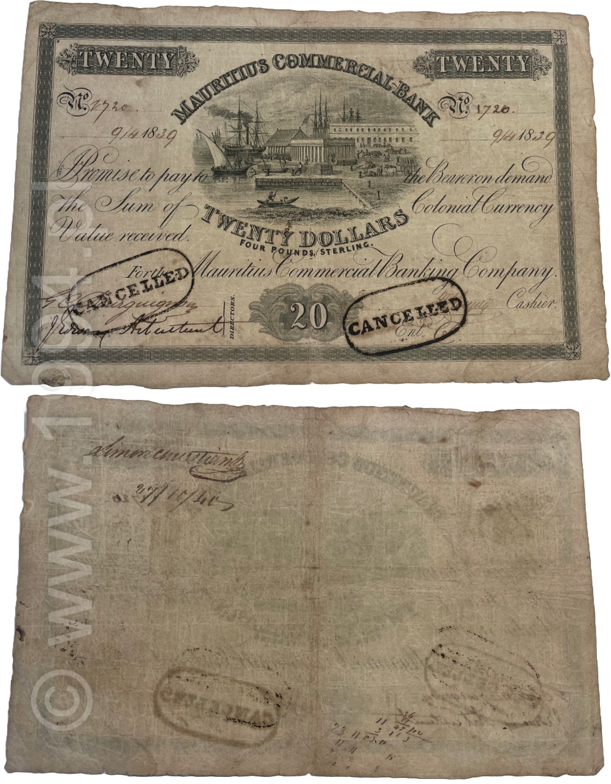 Mauritius 1839 Mauritius Commercial Bank 20 Dollars / 4 Pounds Sterling Issued & Cancelled