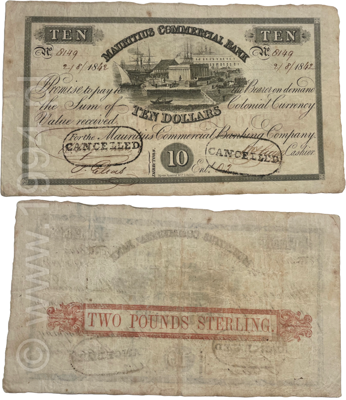 Mauritius 1842 Mauritius Commercial Bank 10 Dollars / 2 Pounds Sterling Issued & Cancelled