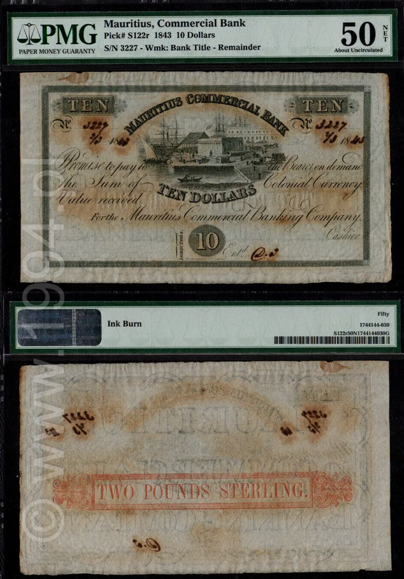 Mauritius 1843 Mauritius Commercial Bank 10 Dollars / 2 Pounds Sterling Remainder, PMG 50 NET