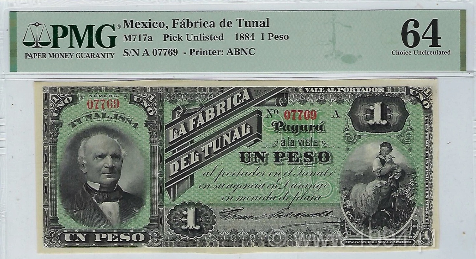 Mexico 1884 Fabrica de Tunal 1 Peso ABNC PMG 64 Choice Uncirculated serial A07769