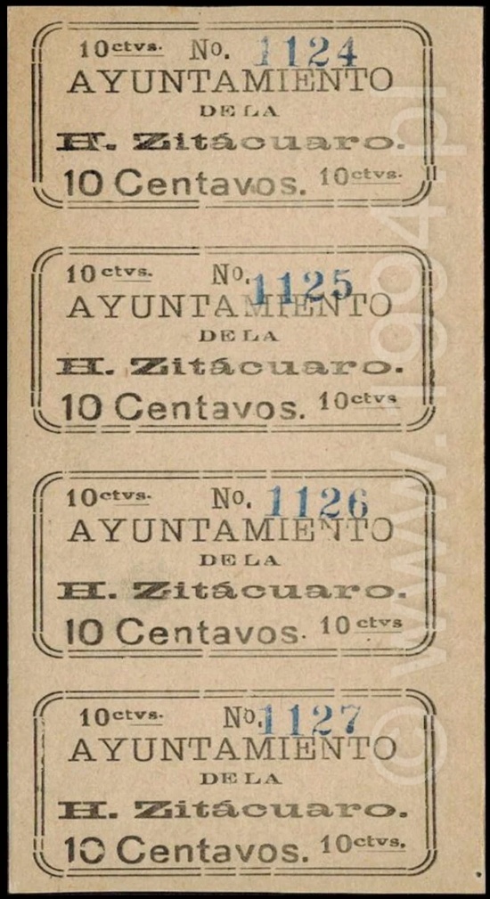 Mexico 1915 — Ayuntamiento de Zitácuaro 10 Centavos (Uncut Sheet of Four, M2952c)