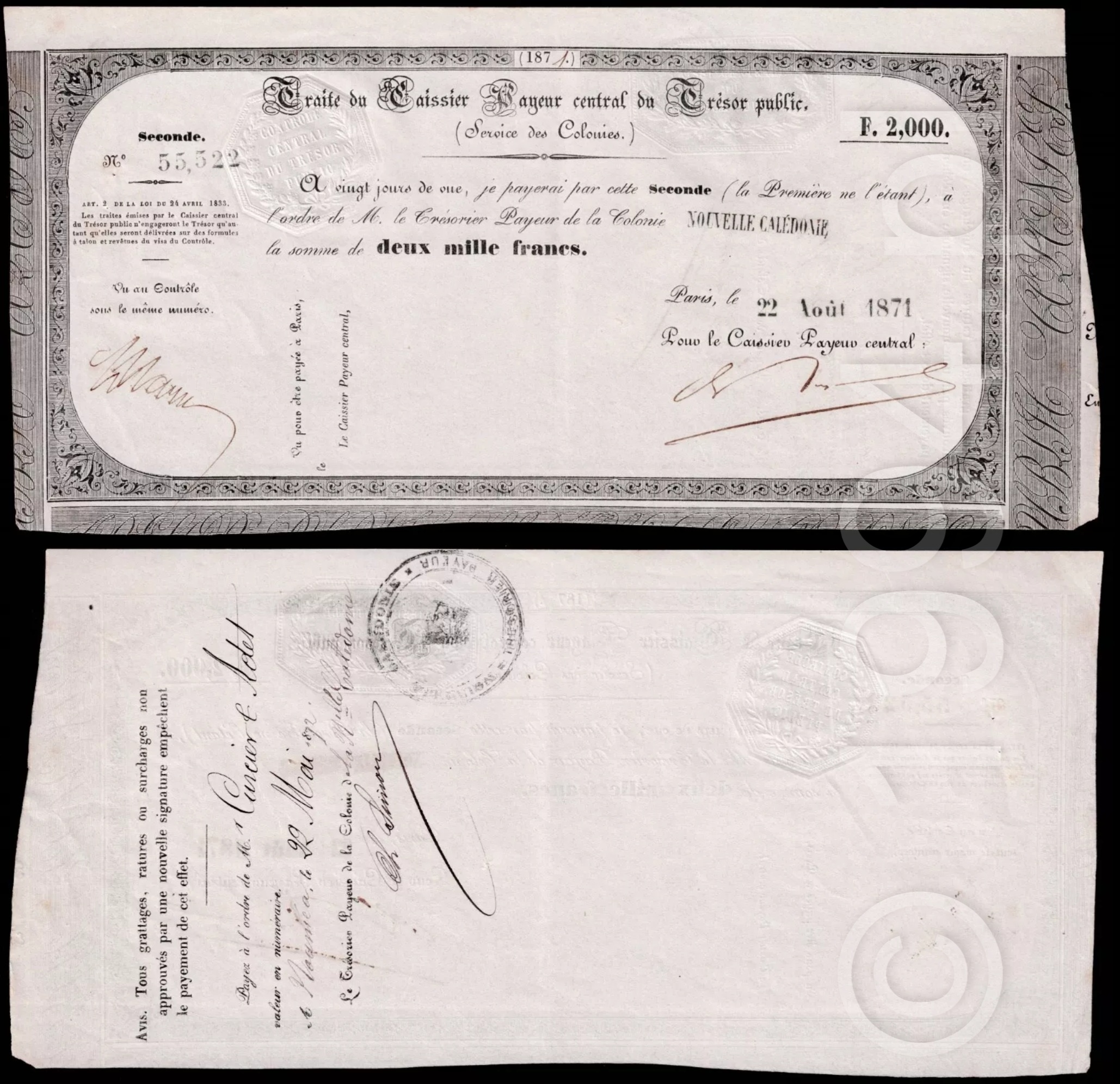 Nowa Kaledonia 1871 — Francuski Skarb Państwa, Druga Tratta na 2 000 Franków (Service des Colonies) Unikat
